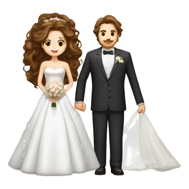 bride with brown long wavy hair, brown eyes, bride dress with sleeves. a tall groom with suit, yamaka sticker
