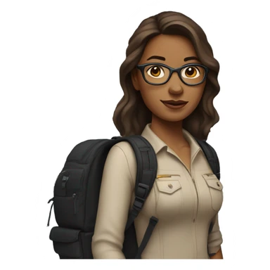 A Woman with Long Brown Hair, dark Glases, light Brown Skin with a black Backpack and in the Background a Aircraft  sticker
