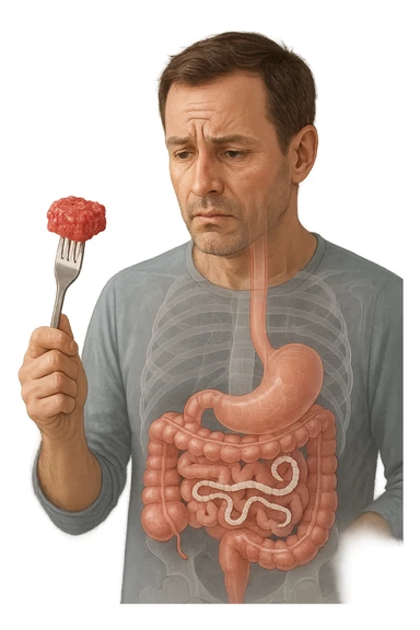 A realistic, high-quality medical illustration showing a concerned man in his early 40s holding a piece of raw beef tartare on a fork, looking at it with a worried expression. Behind him, a transparent overlay of his digestive system reveals the presence of Taenia saginata (beef tapeworm), depicted as a long, segmented white worm inside his intestines, symbolizing the infection. The environment is a kitchen with bright but neutral lighting, creating a serious educational tone. Subtle anatomical highlights and clean medical graphics convey the concept of parasite transmission through undercooked beef, emphasizing food safety and health awareness. sticker