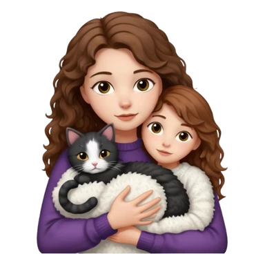 A pretty white girl with hazel brown eyes and brown wavy hair in a cosy white knit sweater, hugging a black and white cat sticker