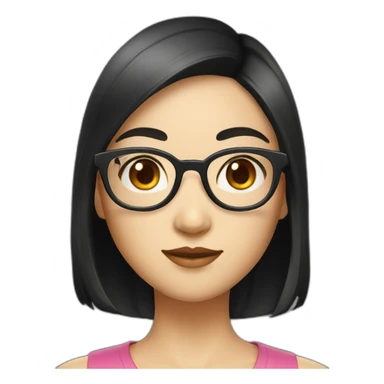 Asian women with small eyes short , round face, big square glasses black hair sticker