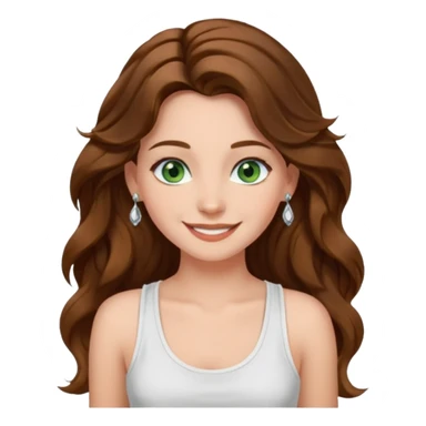 A girl with long brown wavy  hair, green eyes, and a white tank top; she doesn't have bangs. she wear a lot of silver jewerly  sticker