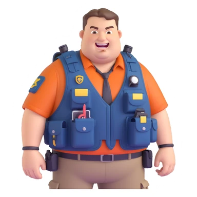 big overweight federal agent with prominent buck teeth wearing tactical vest loaded with gadgets looking like a redneck 3D cartoon style sticker