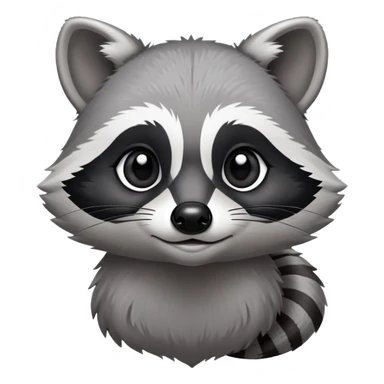 Cinematic-Noble-Raccoon-Portrait-Emoji – Poised and confident, with a sturdy build and a beautifully textured fur of silver-grey accented by dark black facial markings, deep-set, cute big black eyes, simplified yet sharp and sophisticated zoom out to show shoulders sticker