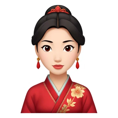 Cinematic Radiant Mulan Portrait Emoji, rendered in a realistic, vector-style with clean proportions. Show Mulan with a soft, confident smile, warm skin, and expressive eyes, her dark hair styled simply, and dressed in traditional clothing with understated red accents. The image radiates a gentle, luminous glow and high shine, accentuated by a soft glowing outline. sticker