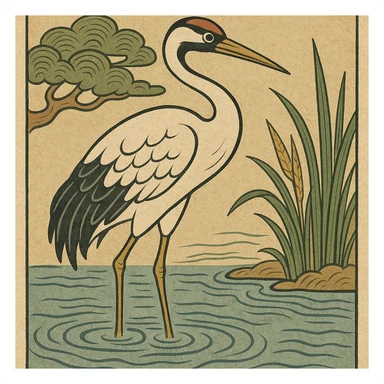 ukiyo-e style illustration of a crane bird standing in water sticker