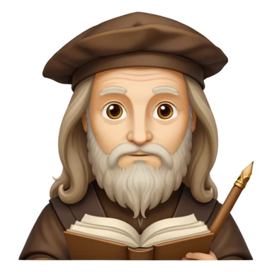 cinematic-realistic-leonardo-da-vinci-portrait-emoji,-depicted-as-the-quintessential-renaissance-polymath-with-deep,-thoughtful-eyes,-a-flowing-beard,-and-a-quill-or-sketchbook-in-hand.-the-scene-is-illuminated-with-warm,-classical-light sticker