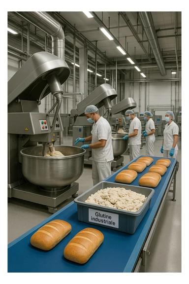 a modern food processing factory interior, with large stainless steel machines mixing and kneading dough. In the foreground, a conveyor belt carries loaves of bread and trays of raw gluten, labeled “Glutine industriale” Workers in uniforms and hairnets monitor the process. The atmosphere is clean, efficient, and slightly clinical. sticker
