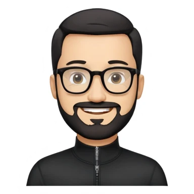 Light-skinned man with extremely short black hair, short clearly graying beard, big black glasses frames, happy smile, black long sleeve shirt with prominent zip at neck sticker