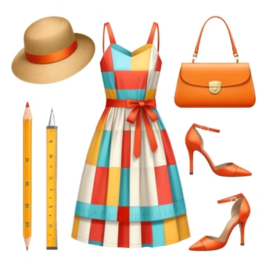 Icon for Fashion Design: a pattern of a bright, beautiful dress with measurements, a ruler, and pencil, along with a hat, shoes, and a handbag. The icon should represent fashion design with attention to detail and style. Transparent background. sticker