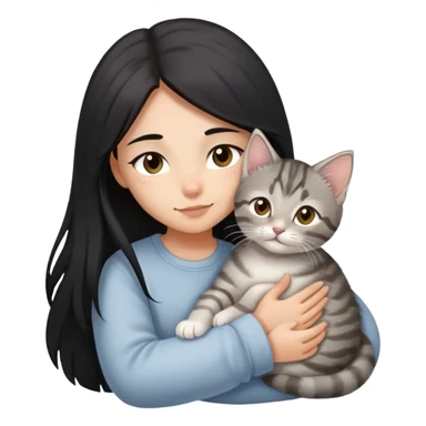 girl with black long hair, light-medium skin, brown eyes snuggling light grey tabby kitten sticker