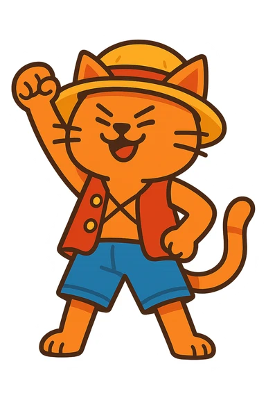 cat as Luffy from One Piece, standing heroically, straw hat, blue shorts, cartoon style, no background sticker
