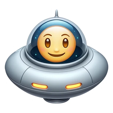 Design a simple, friendly spaceship with a smooth, rounded shape. Add a clear 'face' on the front using glowing lights for eyes and a curved line for a smile, giving it personality. Use a plain background to keep the focus on the ship. sticker