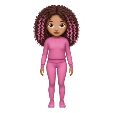 Uma menina negra da pele clara magra definida com roupa de malha rosa, com cabelo cacheados  todo castanho escuro bem grande até a cintura sem muito volume no cabelo sticker