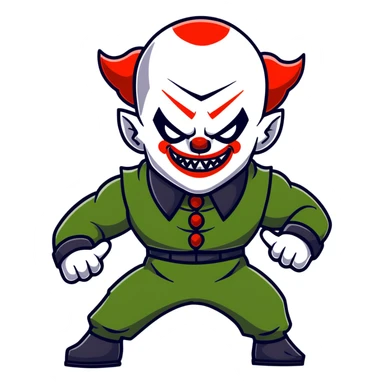 evil clown warrior, bald, very short black devil-like horns on forehead, fangs, pointed ears, black and military green leisure suit, realistically proportioned, bulky and muscular human body, full body visible, battle-ready fighting posture sticker