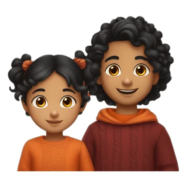 smiling 3 years old indian girl with black curly hair in pigtails wearing a orange dress with a smiling 3 years old indian boy with black hair wearing a dark red sweater sticker