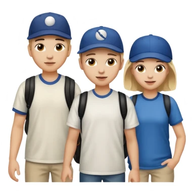 iOS emoji style. 2 adult friends and a young teenager wearing a baseball hat walking and talking.  sticker