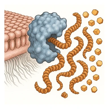 Ultra-detailed illustration of enzyme digestion: amylase breaking starch into sugars near a cell membrane. Clean white background, no text. Scientific but simple sticker