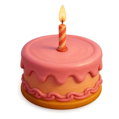 Draw a Pixar-style birthday cake with pink frosting and a single candle. The cake should be visible from the front and top. sticker