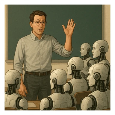 A human teacher standing in front of a classroom of androids, raising a hand to explain a concept sticker