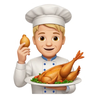 Gordon Ramsay cheerful, showing off a perfectly cooked chicken on a plate, chef uniform sticker