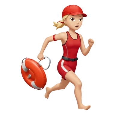 Female lifeguard – red cap, running along shore with rescue buoy sticker
