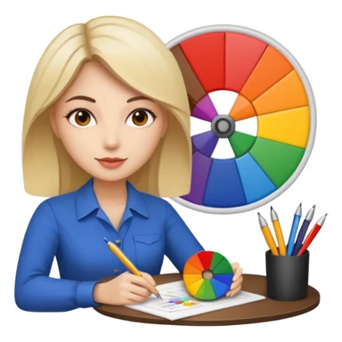 female graphic designer , color wheel, pens, papers sticker