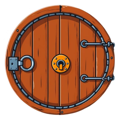 A rusty chain wrapped tightly around a round wooden hobbit-style door with a large padlock sticker