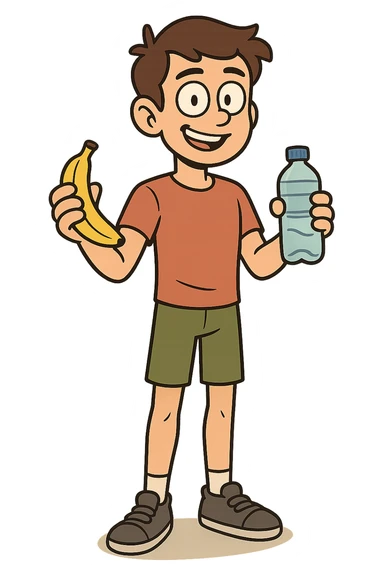 The full body of a young boy who is fit and healthy holding a banana and a drinking bottle of water sticker