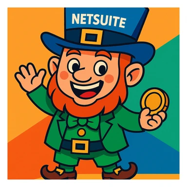 cartoon leprechaun with a blue hat labeled 'NetSuite', cheerful and colorful sticker