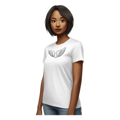 womans white t shirt with small drawing of wings on the front sticker