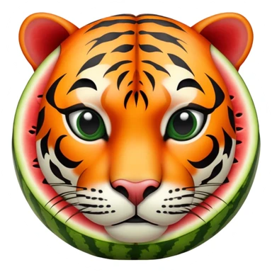Cartoon watermelon with tiger face where the red flesh is visible, tiger stripes blending with watermelon pattern sticker
