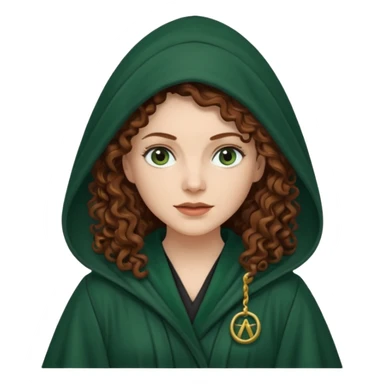 A white woman with long dark auburn hair robed and hooded like she's a Traitor in the tv show The Traitors. her hair is curly and the robe is a dark dark green sticker