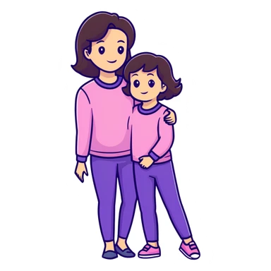 A brunette mom, with her little brunette daughter Mom, wearing purple daughter wearing pink sticker