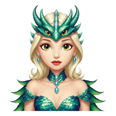 A gorgeous dragon woman with glittering jeweled scales covering her body and face. She has large almond shaped eyes, lush lips, and she wears a stunning luminescent gown. sticker