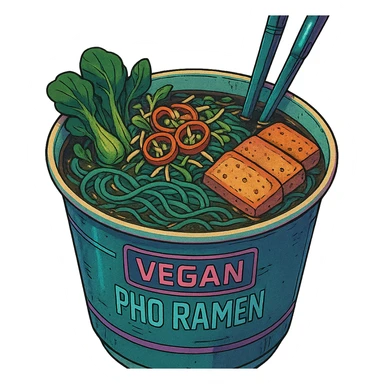 cyberpunk futuristic, scifi, a bowl of delicious VEGAN pho, ramen, 1990s, paper cup sticker