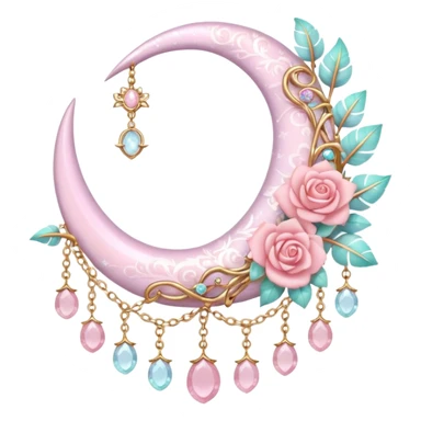 Rosy shiny glossy sparkly romantic pastel crescent damask moon with rose quartz pastel vines pastel gems pastel beads with feathers and chains  sticker