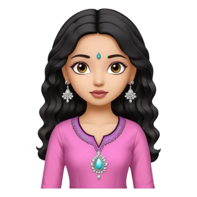 a pretty bratz fair indian girl wearing a pink kurti,  Silver jhumkas, black wavy hair sticker