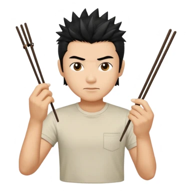 Make it a vietnamese male with spiky black hair holding only ONE pair of chopsticks in one hand, t-shirt. Please only ONE hand with chopsticks sticker
