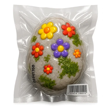light gray stone with small colorful flowers and green moss, glossy and puffy sticker