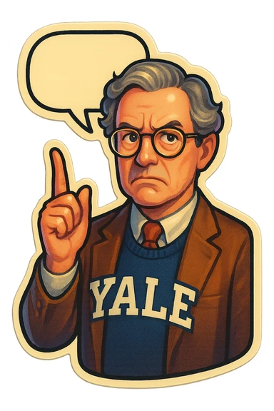 Профессор Йельского университета со скептическим лицом показываем указательный палец вверх, от головы отходить bubble speech sticker