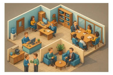 В слегка рисованном, но при этом ярком и объемном стиле - четкую, изометрическую 3D-сцену в мультяшном стиле с видом сверху под углом 45°, изображающую офис кабинетами, open space и другими характерными местами. В офисе работают люди - кто-то говорит по телефону, работает за компьютером, другие пьют кофе, сидят на общем собрании, переговори. Используйте мягкие, изысканные текстуры с реалистичными PBR-материалами и мягким, реалистичным освещением и тенями, не обрезать картинку краями кадра sticker