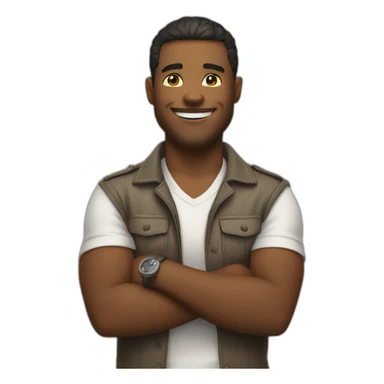 Proud man with his hands crossed, smile on his face, and a swag sticker