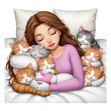 girl with long wavy brown hair, brown eyes, long lashes makeup, sexy pink lips, light to medium complexion,  sleeping on a cozy pillow, with 6 cats: 1 brown and white tabby cat, 1 ginger and white, 2 grey and white, 1 grey with white mittens and small white patch on chest and 1 calico, sleeping sticker