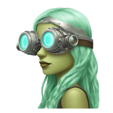 Pastel green long haired female cyborg head with silver steampunk goggles sticker