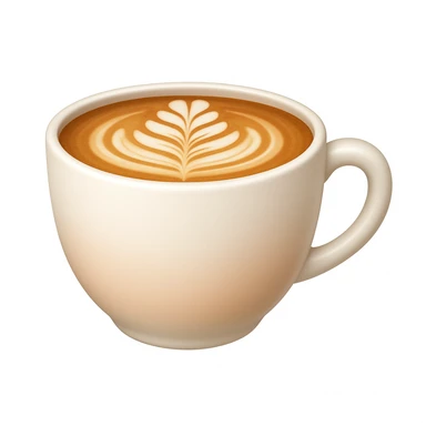 Create a cappuccino cup emoji exactly like the reference image but without the face. The cup should be white with latte art on top, smooth and shiny, with a slight blush added to the cup, in the style of iOS emojis. sticker