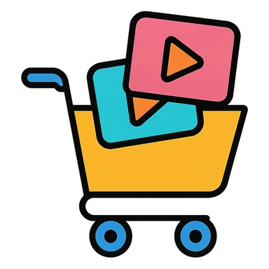 shopping cart with video player icons inside, color outline style sticker