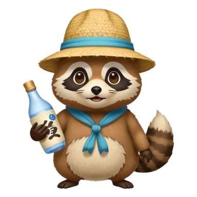 japanese tanuki with straw hat and sake bottle sticker