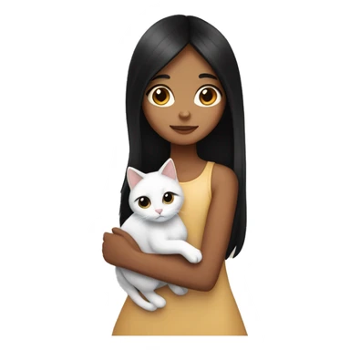 girl with very long black hair and caramel skin hugging a white cat sticker