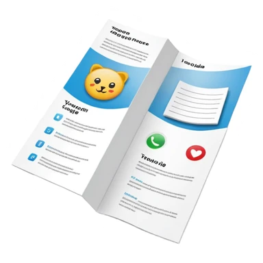 tri-fold brochure opened, with simple layout lines and image placeholders. sticker